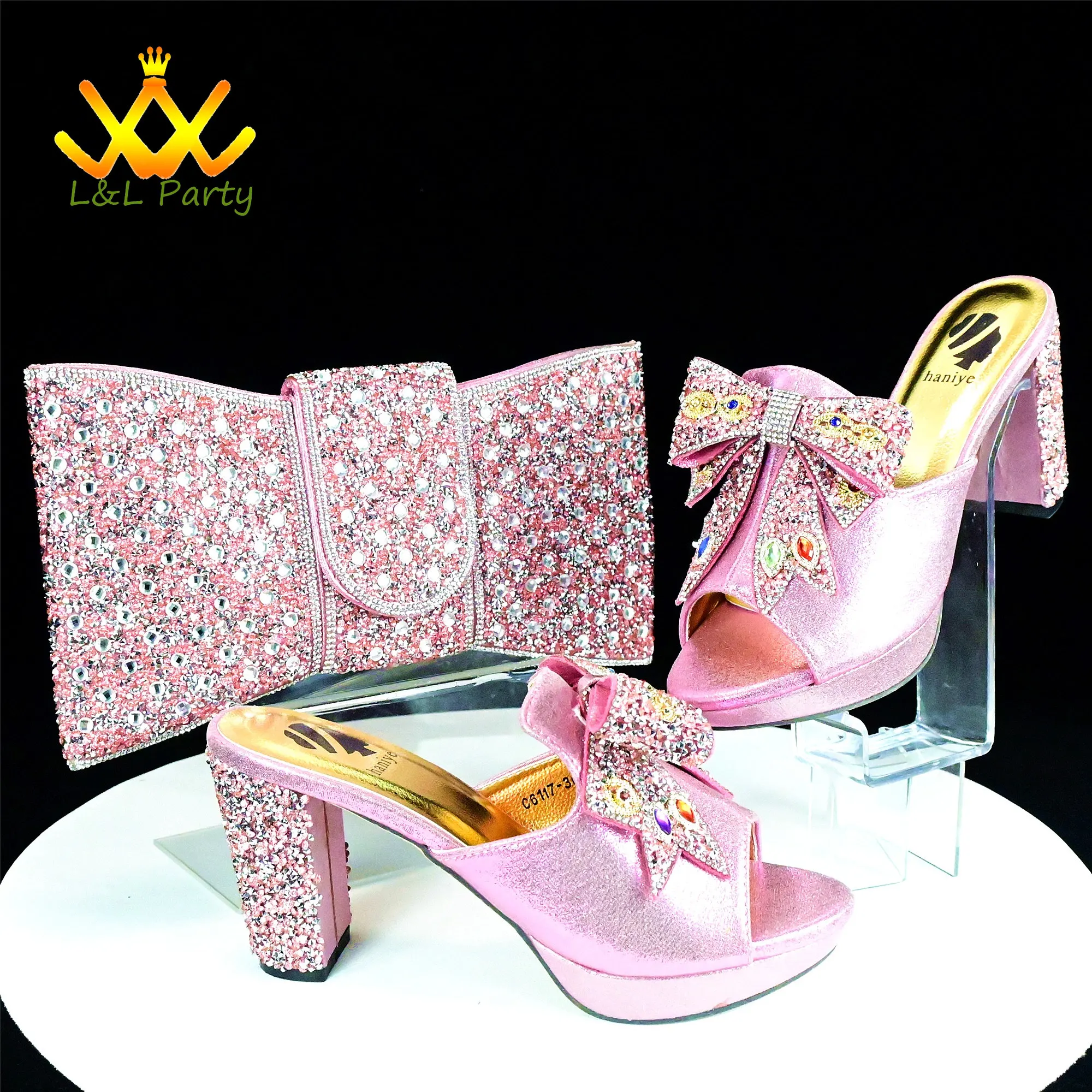 Pink New Arrivals Leisure Style Italian Women Shoes Matching Hang Bag with Platform High Quality Slipper with Appliques for Part