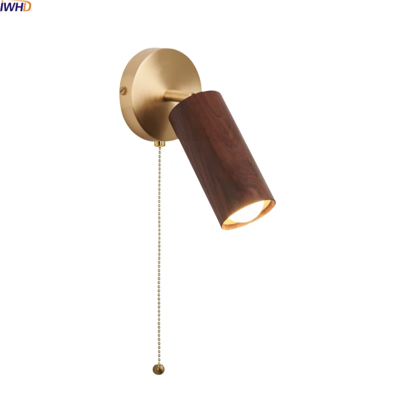 

IWHD 220v Luxury LED Wall Lights Round Walnut Ash Wood Gold Vintage Brass Home Interior Lighting For Living Room Bedroom Lamp