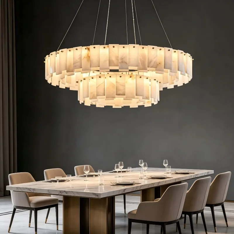 Hang Light Hotel Dining Living Room Marble Double Layer Natural Marble Light Large Chandelier Ring Pendant Light