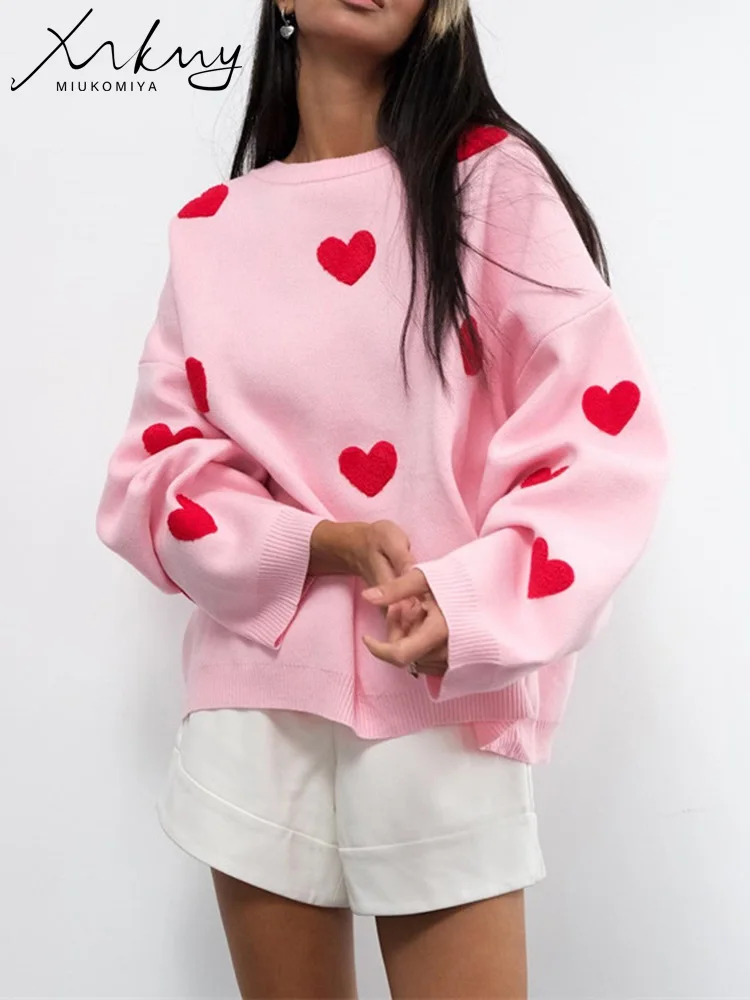 MiuKoMiYa Thick Heart Embroidery Sweater Women Winter Fashion Thick Knitwears Knitted Pullovers Women Christmas Sweater Pink Top