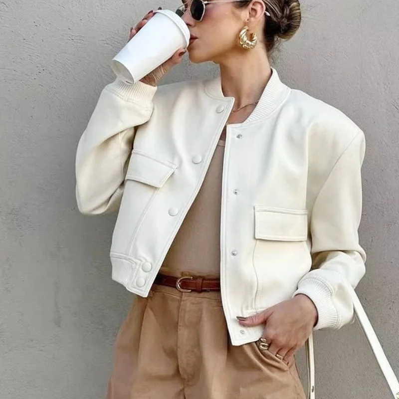 HXAO Women's Bomber Jacket Crop Black Off White Outerwears Spring 2025 New In Coats Aviator Varsity Button Long Sleeve Coat 066