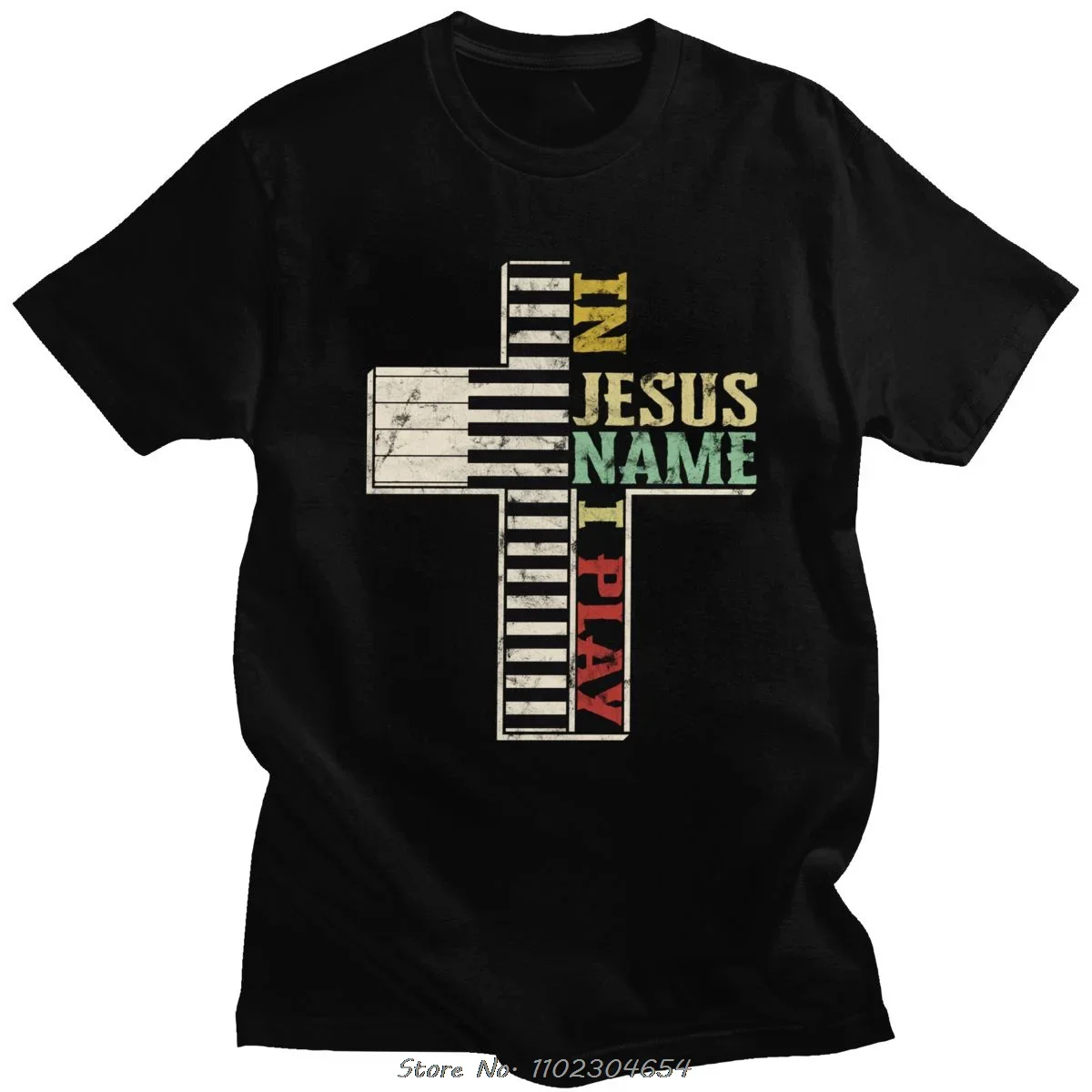 Retro In Jasos Name I Play T-shirt Men Short Sleeve Christian Music Tshirt Christ Cross Piano Lover T Shirt Cotton Tee Top Gift