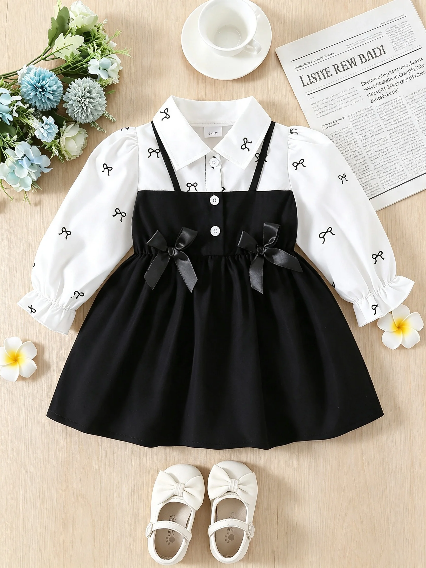 Baby Girl's Elegant Patchwork Dress with Small butterfly Knot Decoration, Long-Sleeved Party Dress for Princess Daily Wear