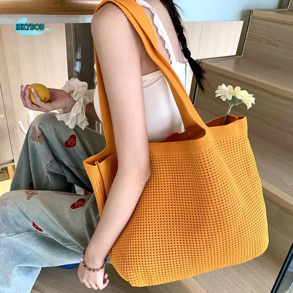 

Повседневная полая тканая сумка ручной работы, большая вместительная сумка-тоут, плетеная сумка для подмышек, ленивый стиль, полая женская сумка для покупок, женская сумка для девочек