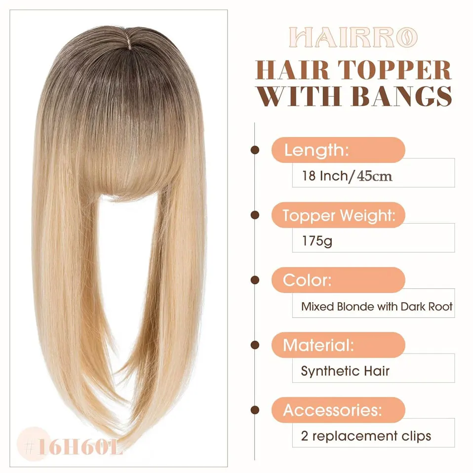 Snoilite Synthetic 18”Topper With Hair Bangs Synthetic Hair Clip In Hair Extensions For Fashion Women Natural Hair Accessories