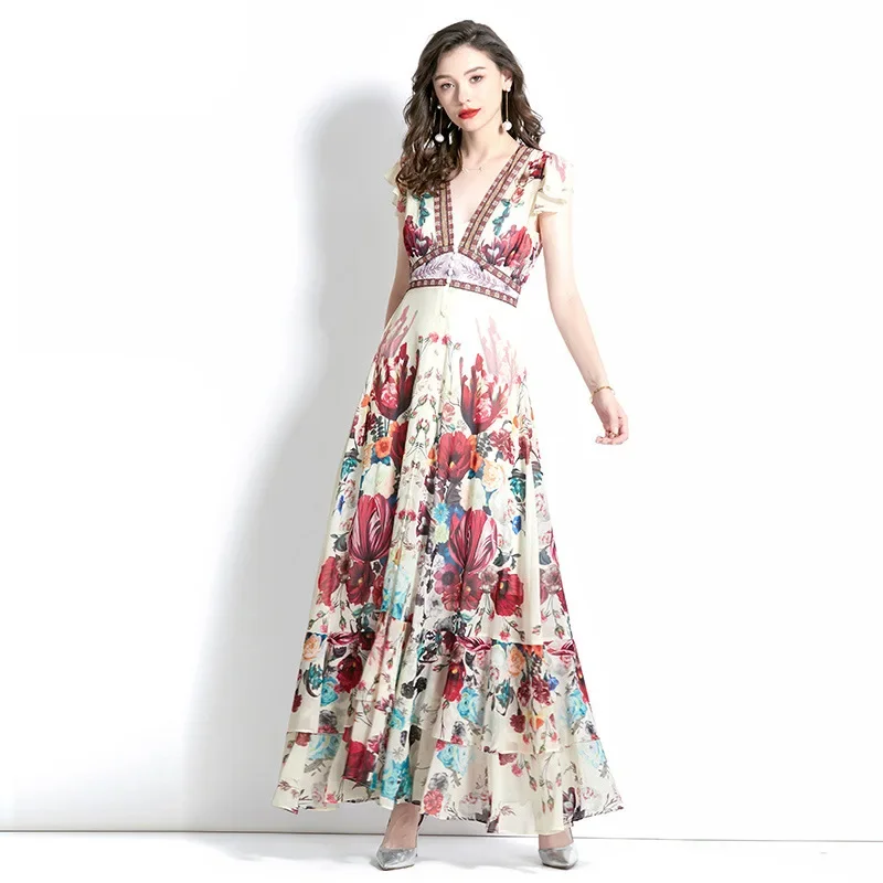 

Summer Holiday New Women's Clothing Retro V-neck Small Fly Sleeves Wavy Edge Large Swing Printed Streetwear Long Dress