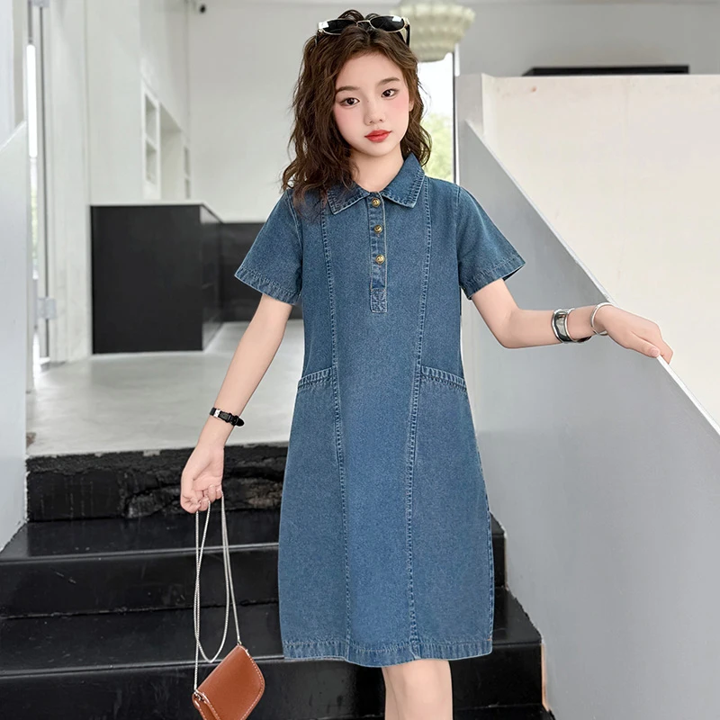 فستان أطفال عتيق بياقة مقلوبة باللون الأزرق من قماش الدنيم للفتيات ملابس صيفية للشارع فستان سادة على الموضة للأطفال في الجينز بعمر 5-14 سنة