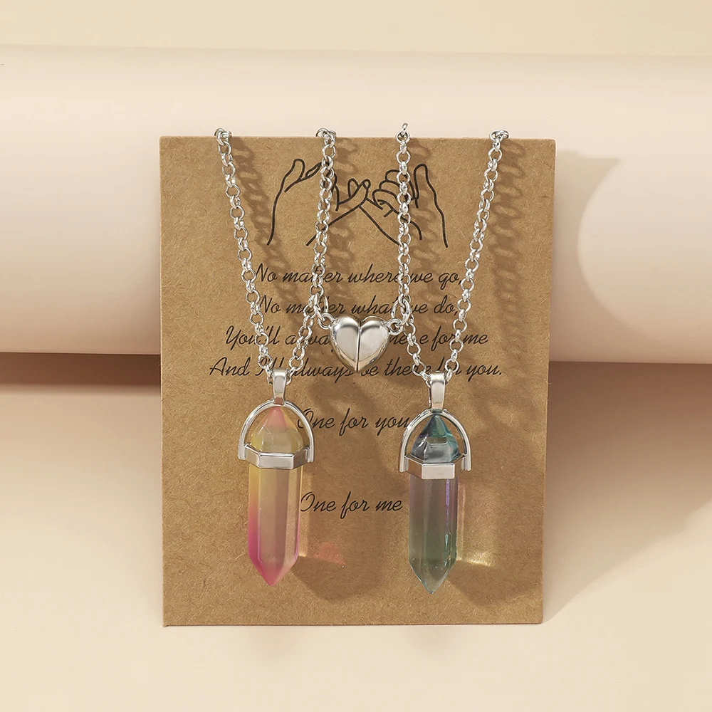 1Pair Magnet Heart Couple Necklace Natural Quartz Crystal Hexagonal Column Pendant Necklaces Valentine's Day Gift for Women Men