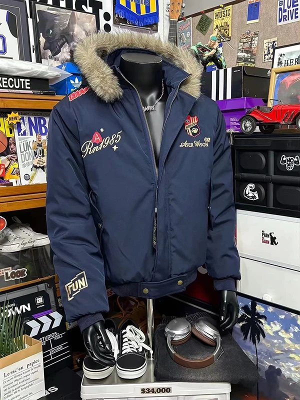 

Thiened Winter Jaet for Men And Women with Fur Collar Embroidered Parka Cotton Coat Warm And Cozy Mountain Eagle Design