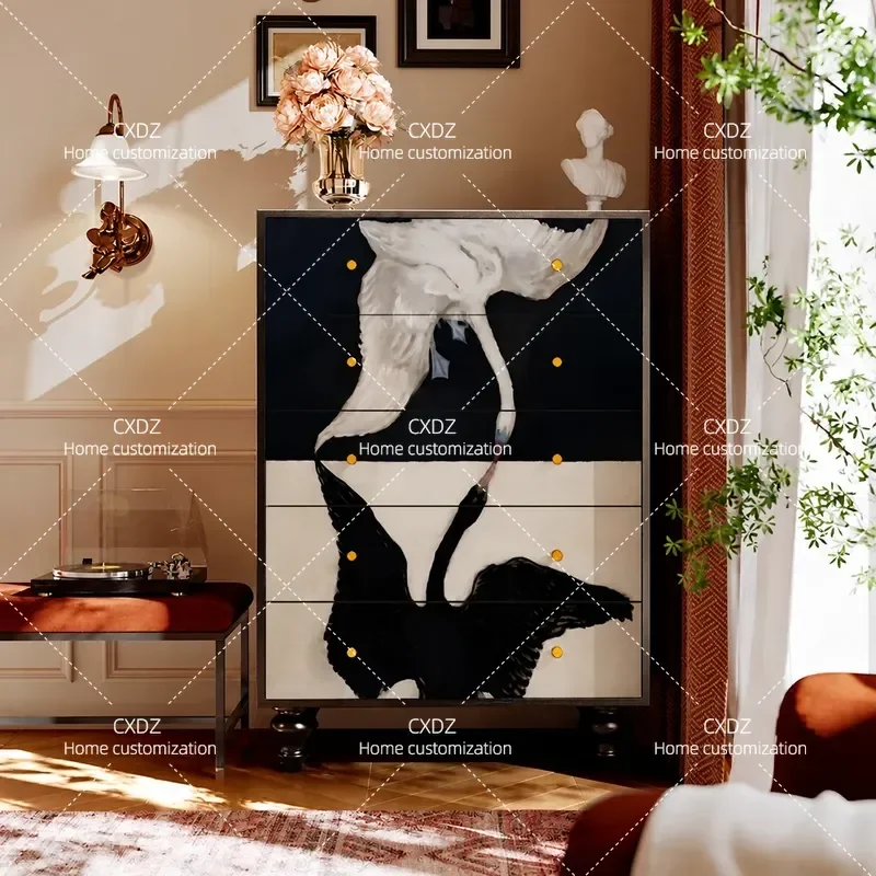 French retro chest of drawers solid wood inverted swan decorative cabinet living room wall storage cabinet bedroom bedside