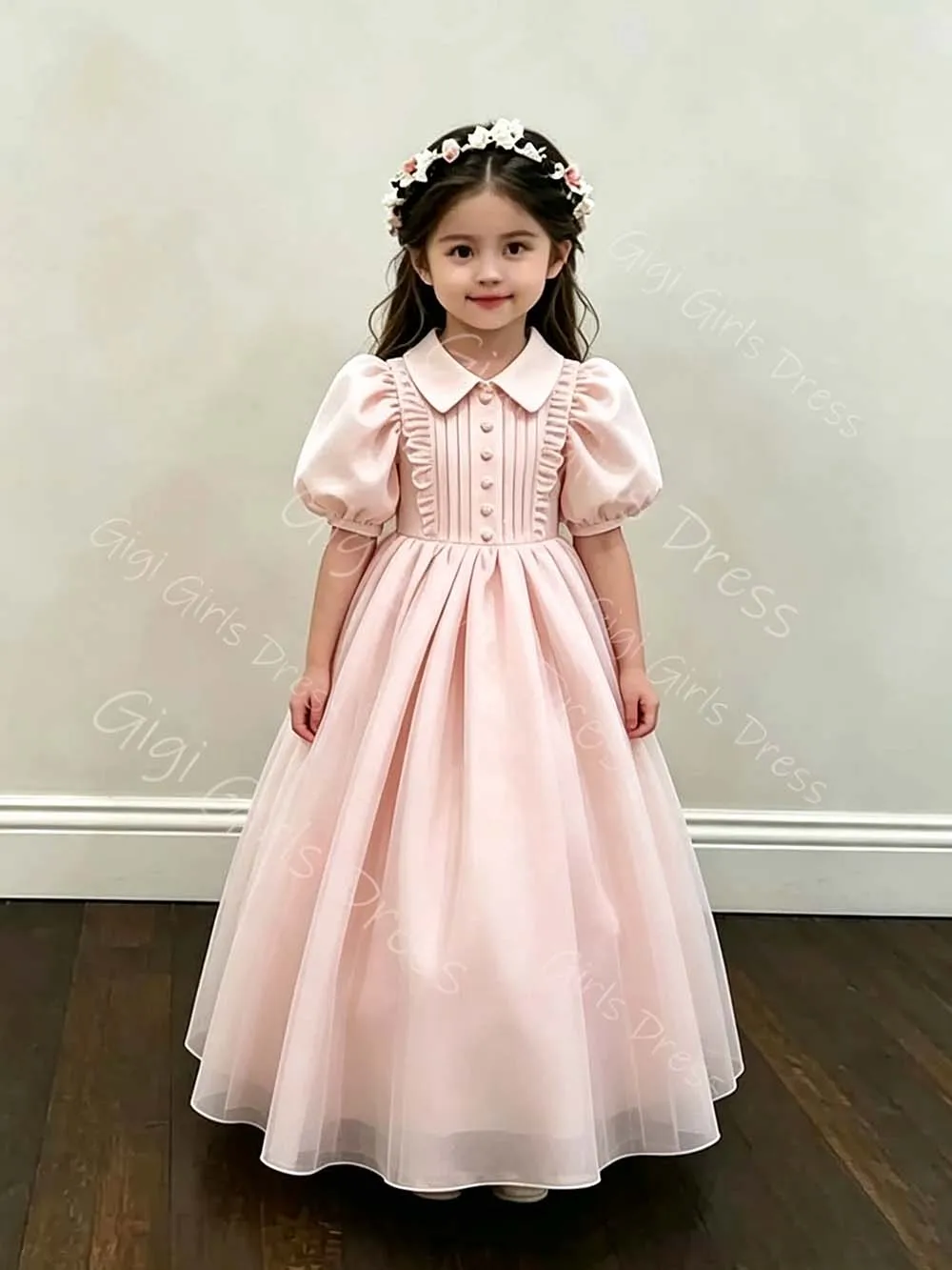 Flower Girl Dress for Wedding Party Toddlers High Neck Balloon Sleeves Ball Gown Pleated Satin First Communion Dress Custom image 5
