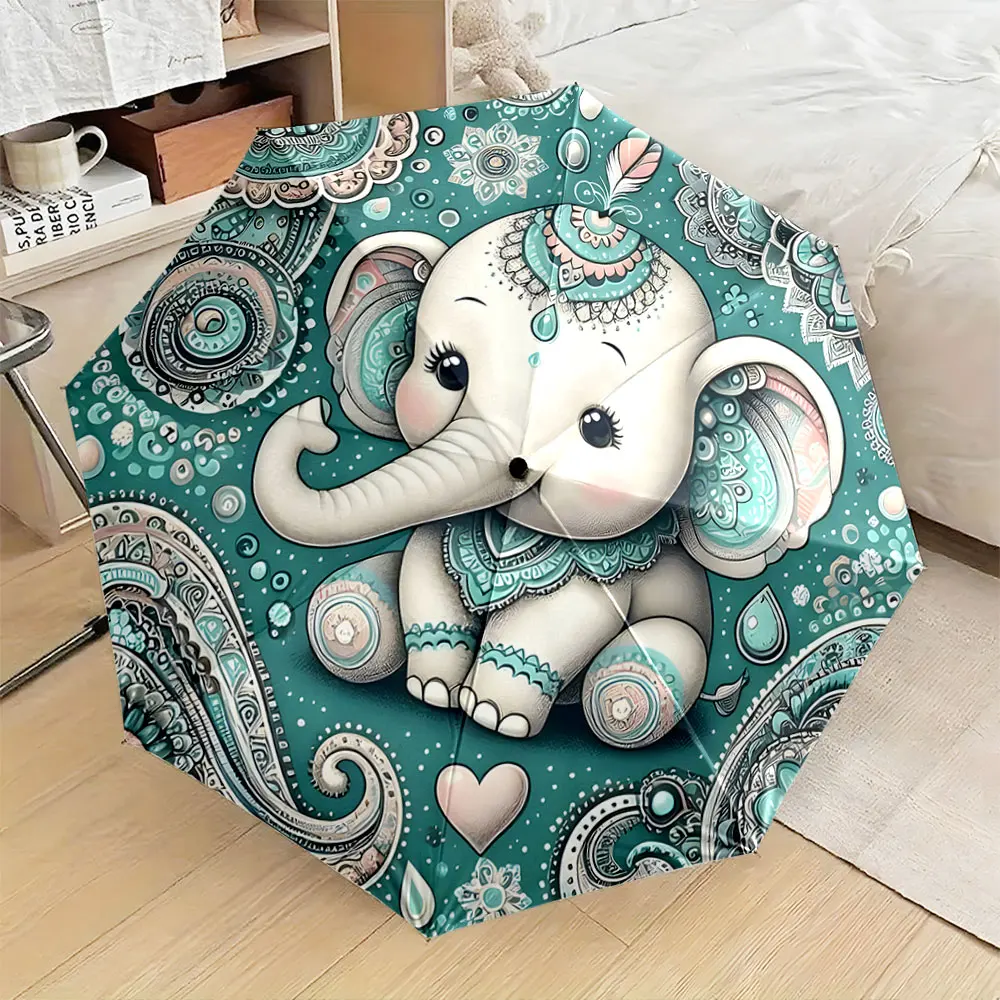 1PC Elephant-themed umbrella with intricate aqua patterns Print 8 Iron Ribs Folding Umbrella Auto-Open Fashion Sunshade