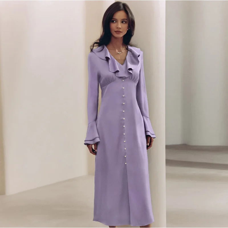 Robe à volants en Satin d'imitation d'acétate de style français, taille haute, avec manches et col cloche, nouveau Style de mode d'automne