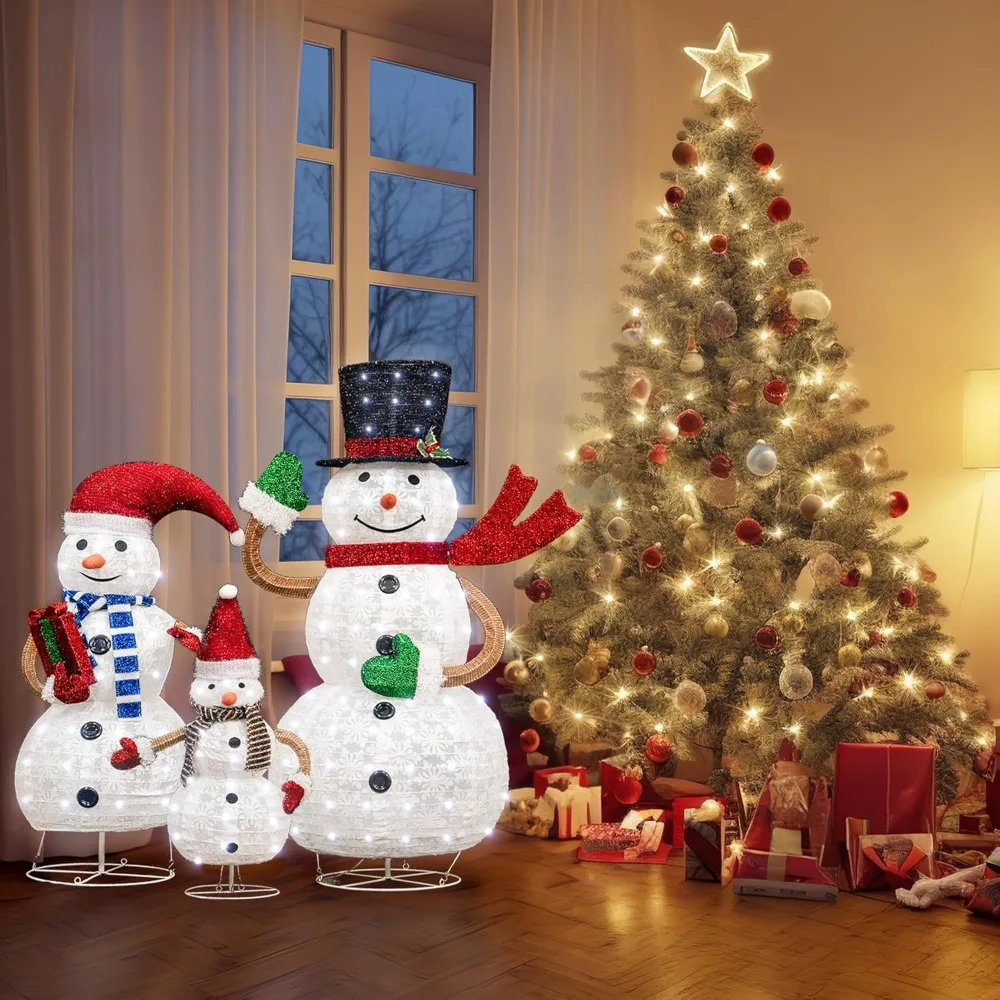 3-Piece Pre-lit Christmas Snowman Family, Twinkle Light Up Glowing Snowmen with White String Lights, Lighted Glitter Snowma