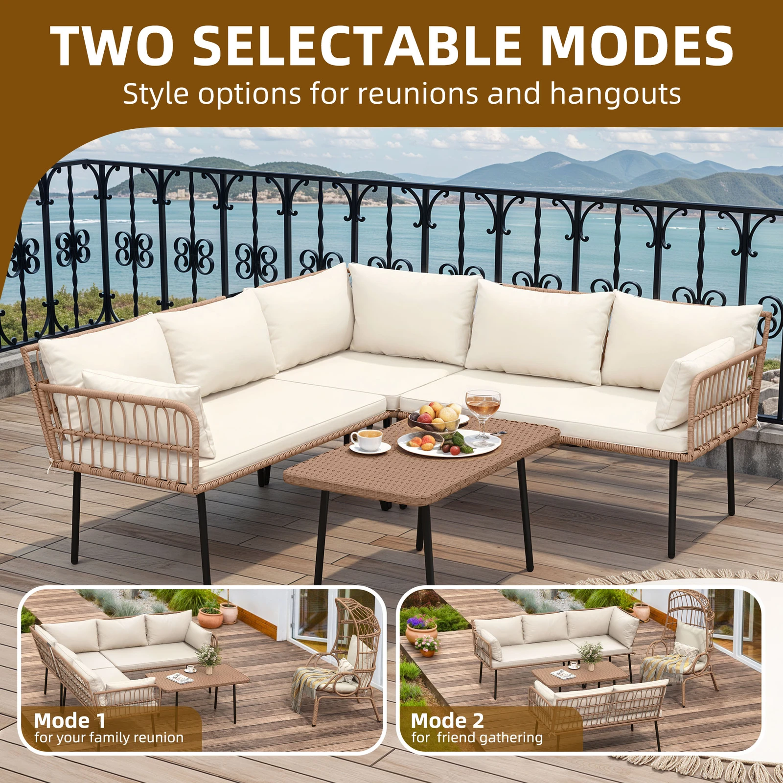 Set Furnitur Sofa Patio Bentuk L 4 Buah, Set Perbualan Patio Anyaman Rotan