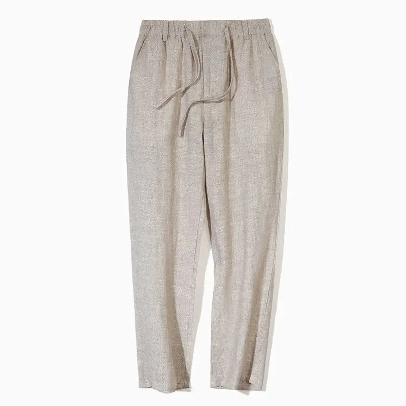 Solid Color Linen Pants Men's Loose Cotton Linen Casual 9 Points Pants Spring Summer Home Straight Soft Comfortable Trousers - Image 5