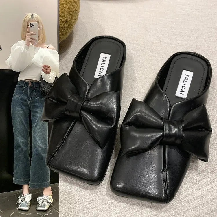 

Туфли женские 2024 Тапочки Мягкие с бантом-бабочкой и квадратным носком низкие Роскошные шлепанцы удобный чехол новая искусственная бабочка-kn