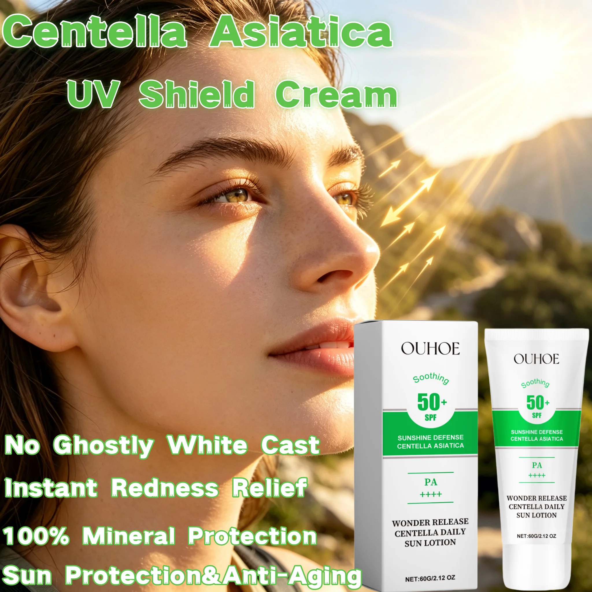 Centella Asiatica  UV Shield Cream,100% Mineral Broad Spectrum Shield,Instant Redness Relief&Calming,Sun Protection&Anti Aging,Skin Barrier Reconstruction,Non Comedogenic Hydratio,Natural Color Correcting Tone,Reef Safe&Clean Beauty Approved