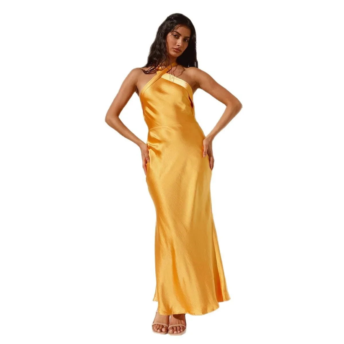 夏の新シンプルなソリッドカラーのサテン素材の女性のイブニングドレスセクシーなぶら下げネック女性ストラップ Vestidos