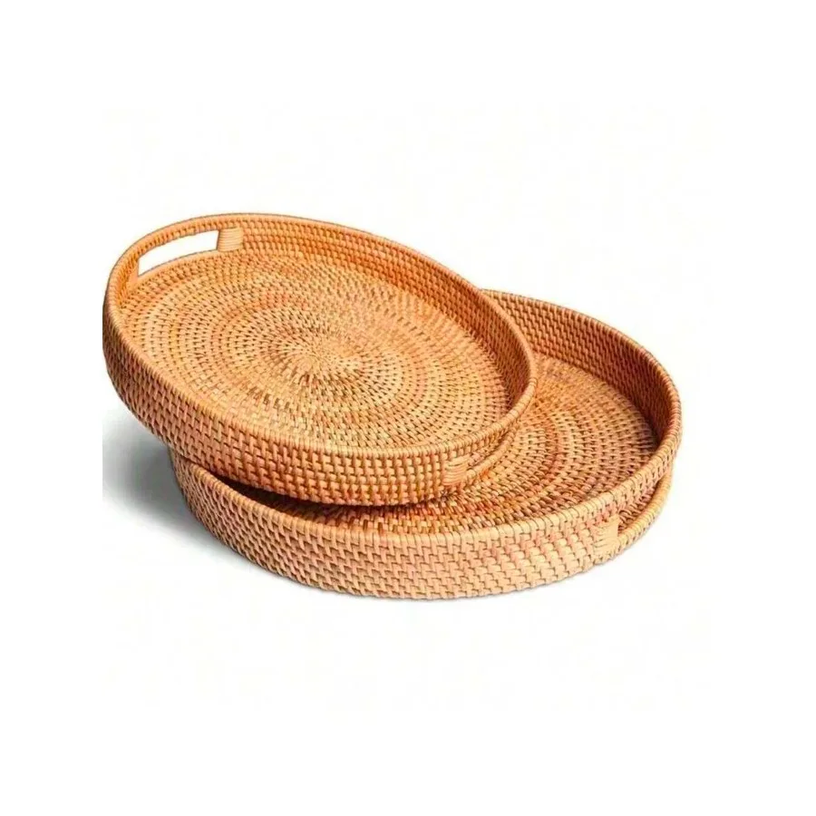 

1pc Circular Handmade Wicker Tray Japan-Style Fruit Plate With Handle And Storage Basket Storage Basket Wood Handle Tray Bread