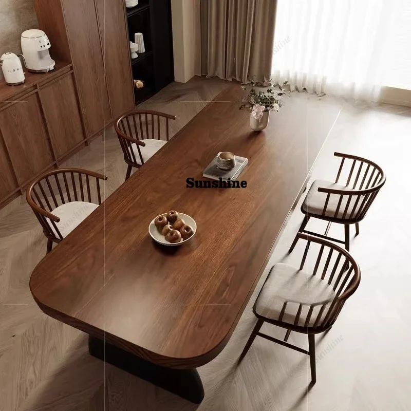 

Retro color matching solid wood dining table rounded corner dining table Nordic medium and ancient style tableTJ