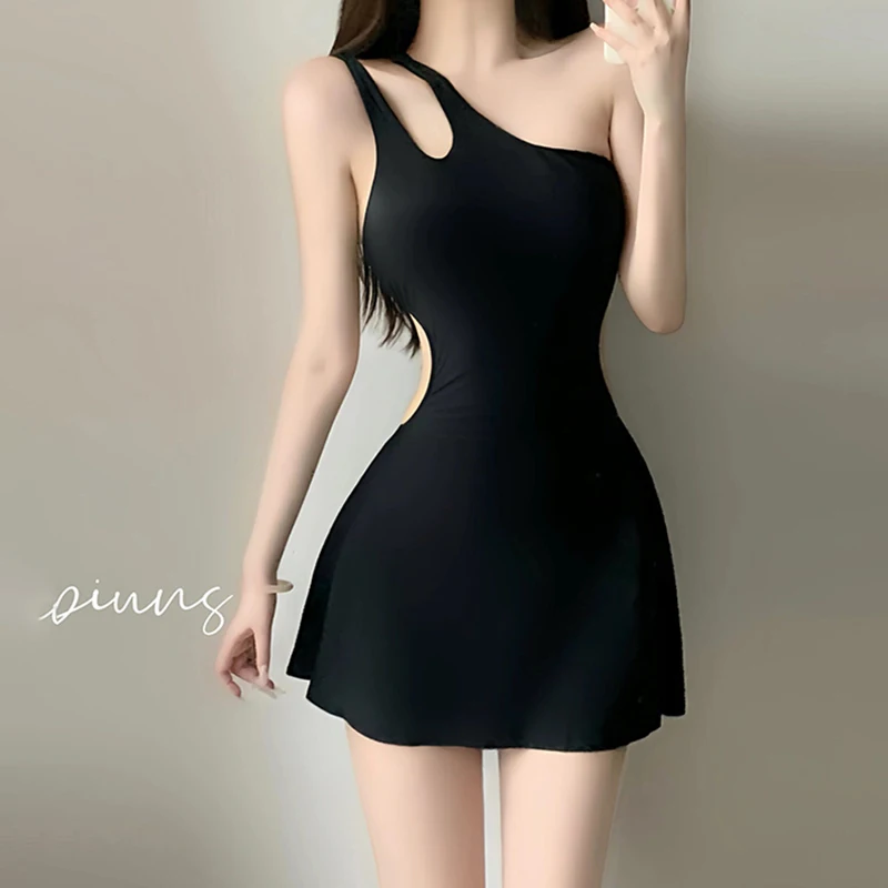 Summer Backless Swimsuit for Women Black Sloping Shoulder One-Piece Skirt Style Swimwear Slim Fit Beach Vacation Bathing Suit