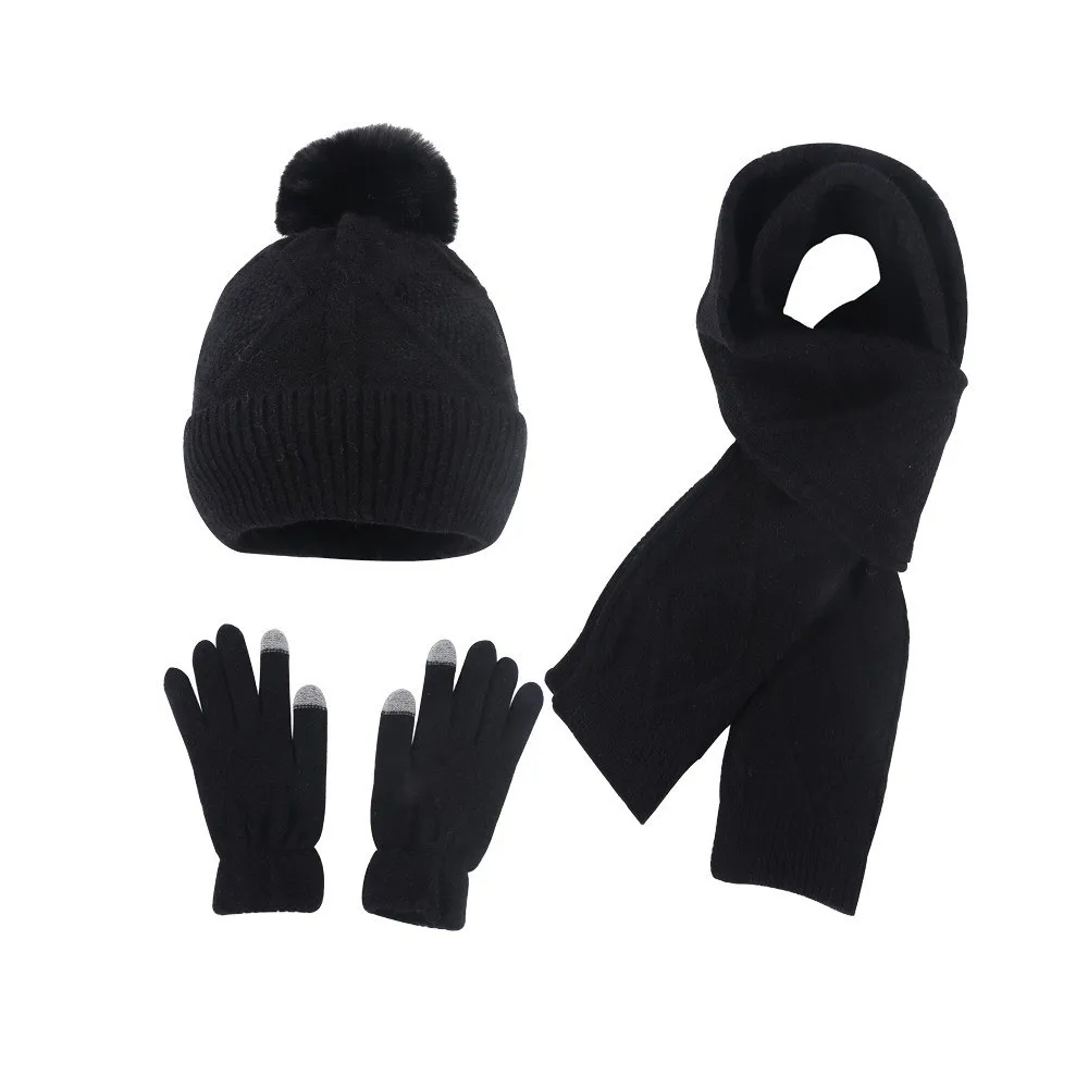 

Beanies Cap Elastic Scarf and Hat Set Touch Screen Soft Woolen Hat Rhombus Patterned Plush Ball Cold Proof Gloves Outdoor