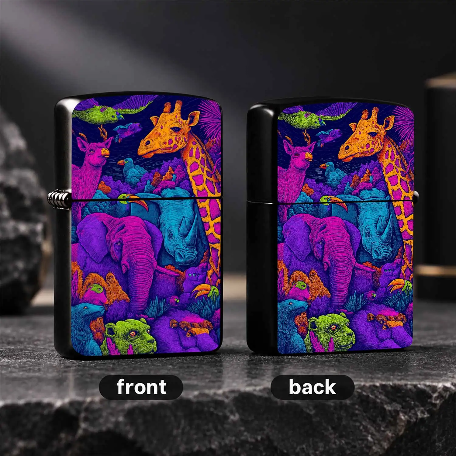 Psychedelic Neon Jungle Animal Pattern Lighter, Vibrant Retro Line Art Wildlife Print Portable Igniter, Stylish All-Scene Daily Use Accessory, Ideal For Giftingand Carrying Around For Trendy Users A Humorous And Interesting Lighter