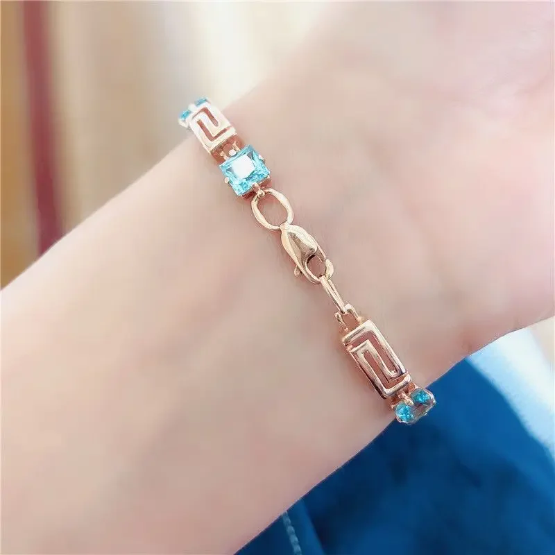 Original 585 Purple Gold Bracelet for Women Plated 14K Rose Gold Inlaid Blue Gem Square Fashion Bangles Charm Jewelry