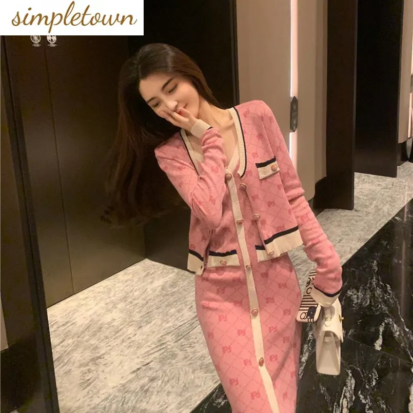 

Fashion Women's Set New Spring and Autumn High End Western Style Aging Reduction Pink Knitted Elegant Women's Two Piece Set