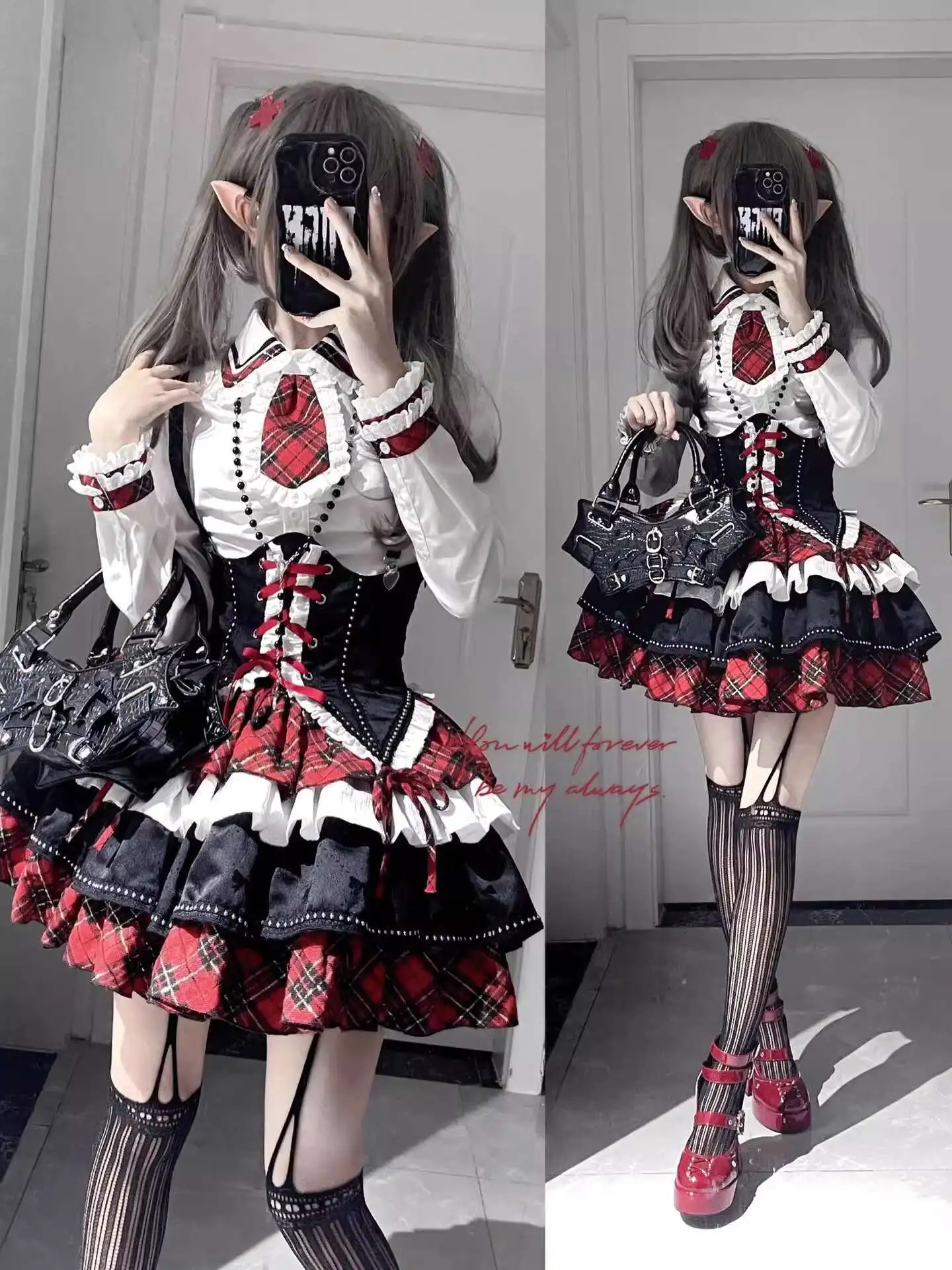Fiesta carnaval Halloween Cos Cosplay Lolita Hottie falda Lolita contraste Color Correa cintura camisa faldas abullonadas vestido de princesa
