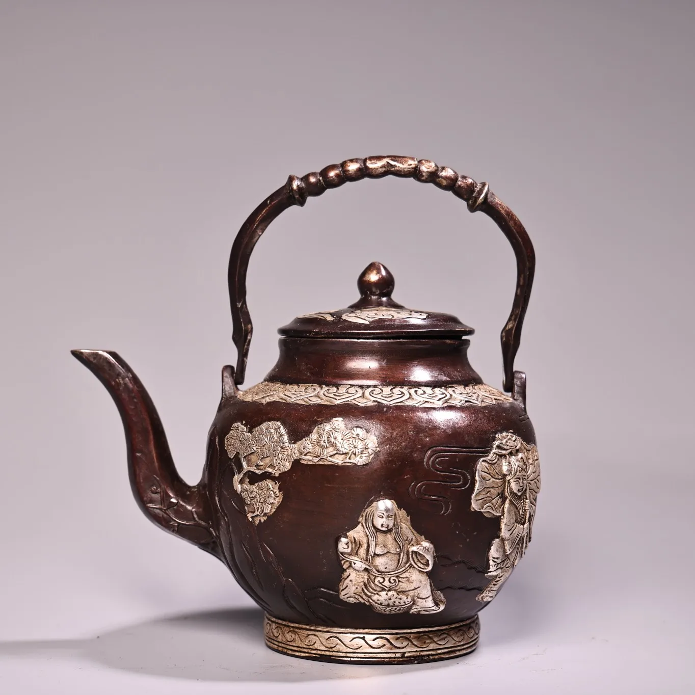 

6"Old China Collections Old Bronze Gilded Silver High relief twin genii He-He Kettle Wine Pot Teapot Amass wealth Ornaments