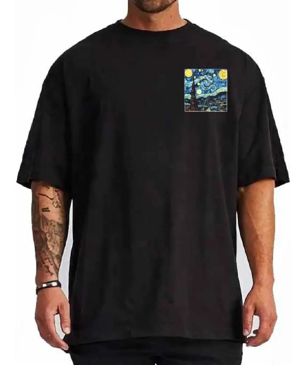 Men's Van Gogh Starry Night Vintage Washed T-Shirt, Fine Art Painting Streetwear Graphic Tee