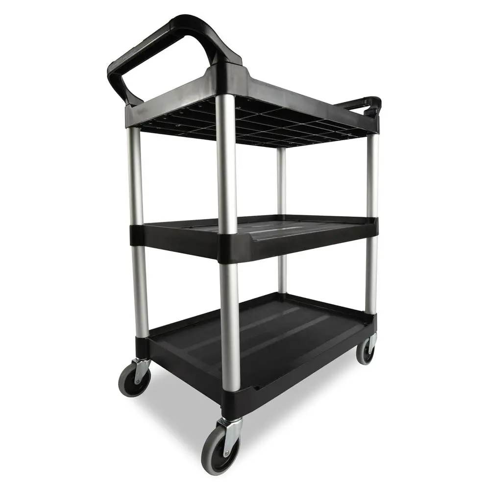 

Industrial-Strength 3-Tier Rolling Cart, 200 lbs. Capacity, Black, Ideal for Service, Utility, and Storage in Restaurants, Clean