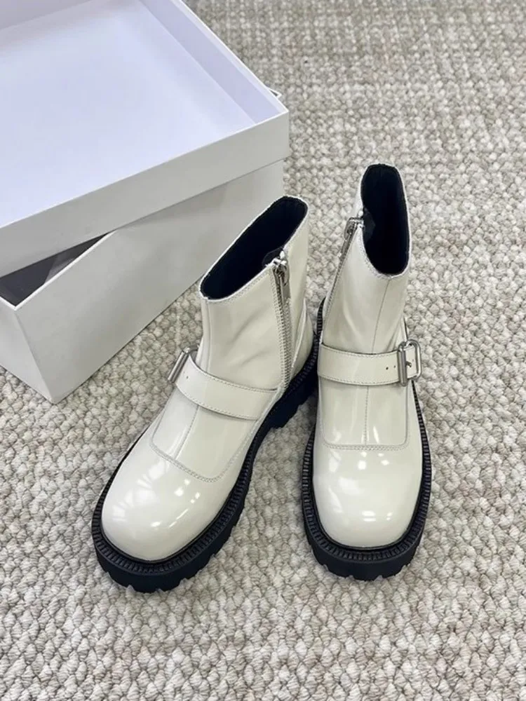 Punk Women Genuine Leather Motorcycle Boots Solid Color Thick Bottom High Top Shoes Zipper Casual New Fashion Ladies Short Boots