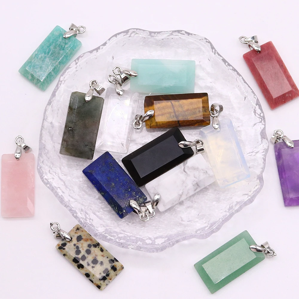 Natural Stone Square Slice Pendant Necklace For Women Men Healing Crystal Amethyst Rose Quartz Black Agate Tiger Eye Jewelry