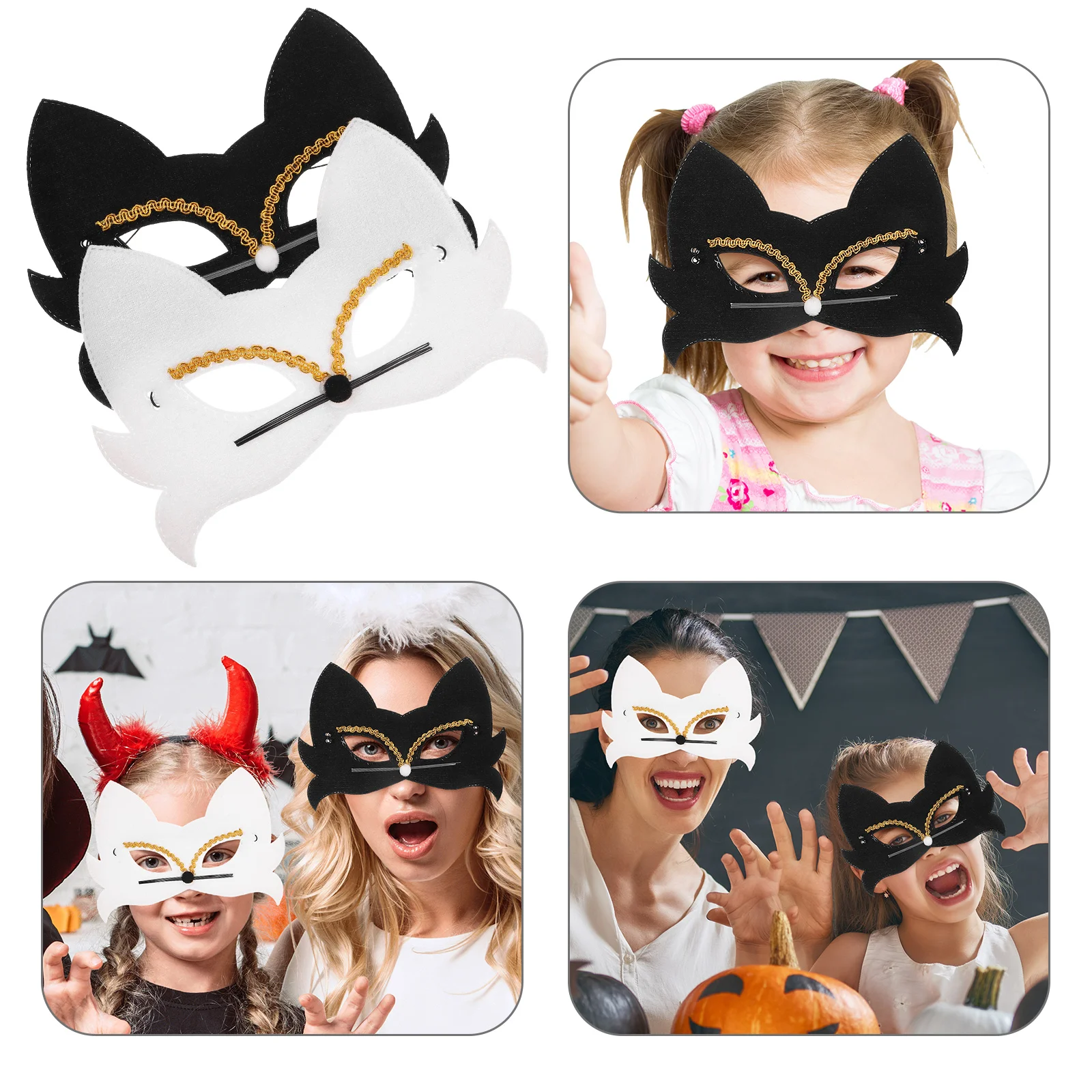 할로윈 코스프레용 고양이 마스크 2개, 동물 얼굴 가면 의상 파티 장식, 어린이 여성용 반쪽 얼굴 가면, 가벼운 천 마스크