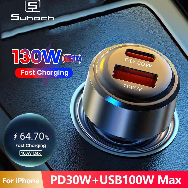 Suhach Mini 100W USB Car Charger for Huawei OPPO PD30W USB C Car Phone Charger For iPhone 16 15 14 13 Mobile Phone Adapter