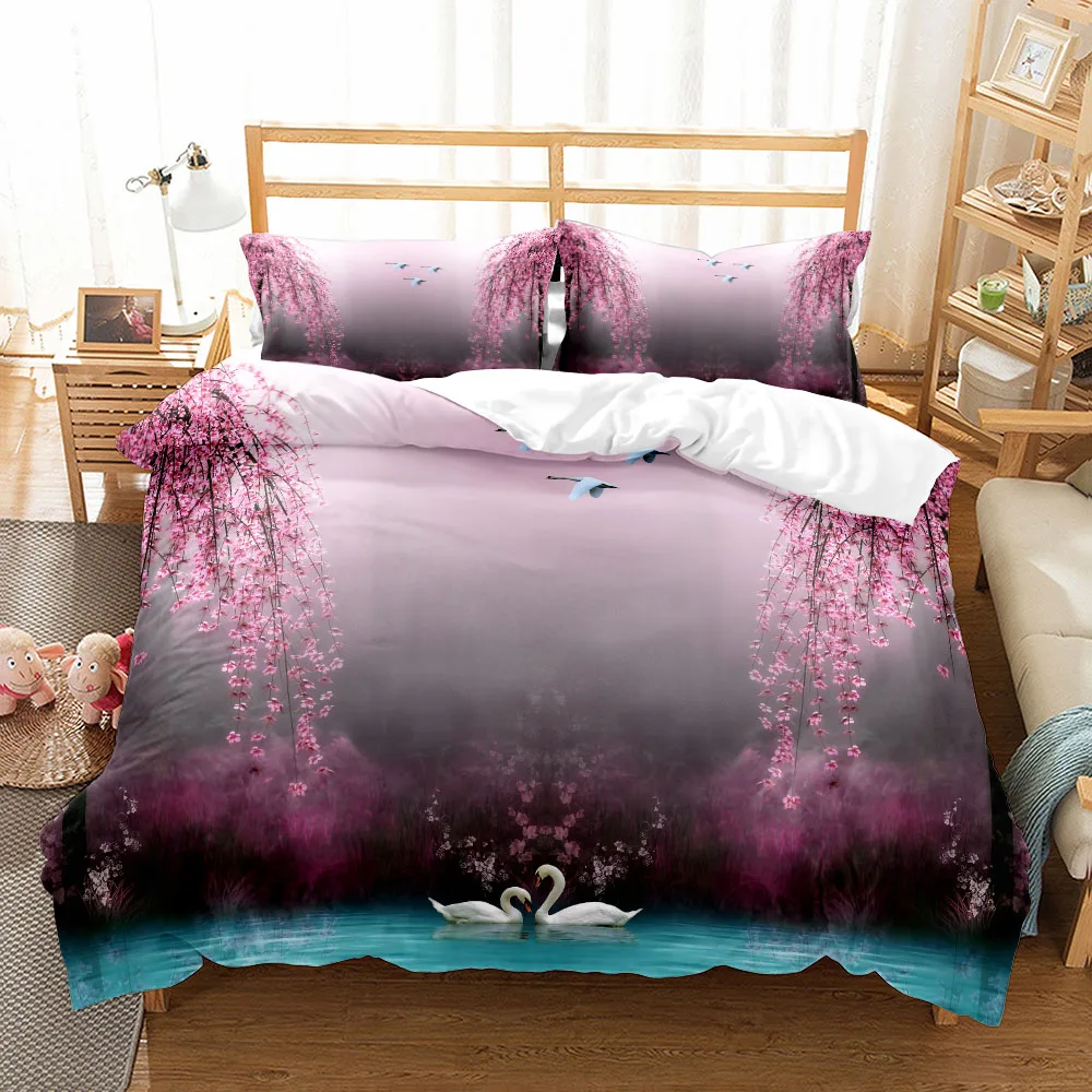 

3D Swans Romantic Duvet/Doona Cover Set Single Twin Double Queen King Cal King Size Bed Linen Set
