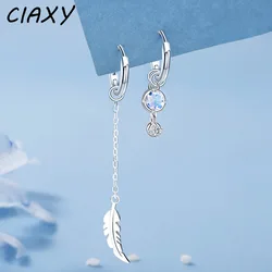 CIAXY Silver Color Asymmetric Moonstone Feather Earrings for Women Personality Tassel Ear Line Ear Buckle Luxury Jewelry