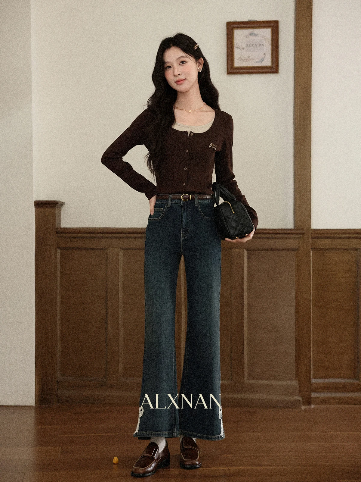 ALXNAN Vintage Blue Wide-leg Jeans Women's Autumn Straight Baggy Jeans Lace Bow Design Cotton Casual Denim Pants Female L57161