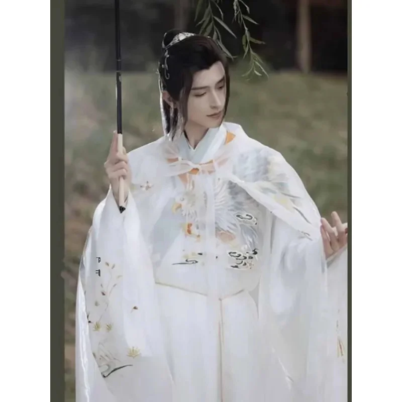 

Men`s Hanfu Costume Eagle White Embroidery Gown CloakUnisex Chinese Ming Dynasty Round-necked Robe Noble Princes Cosplay Costume