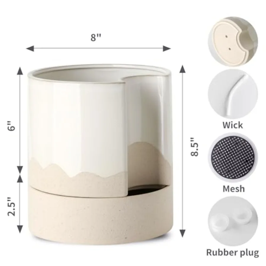Ceramic Self Watering Plant Pot for Indoor Plants, 8 Inch, Wave Planter with Cotton Wick, Drainage Hole and Water Storage Plus,