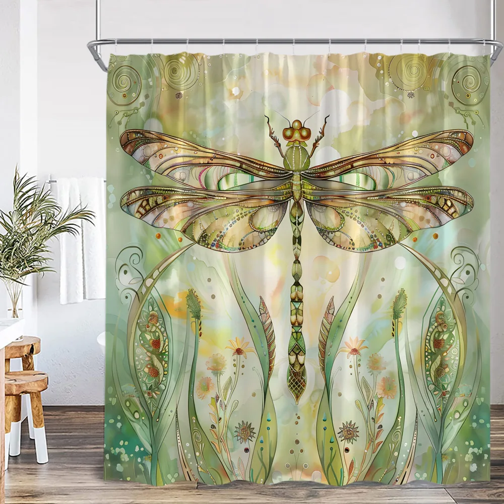Vintage Dragonfly Shower Curtain Insect Plant Purple Flower Wistera Daisy Bathroom Decor Polyester Bathtub Curtain with Hooks