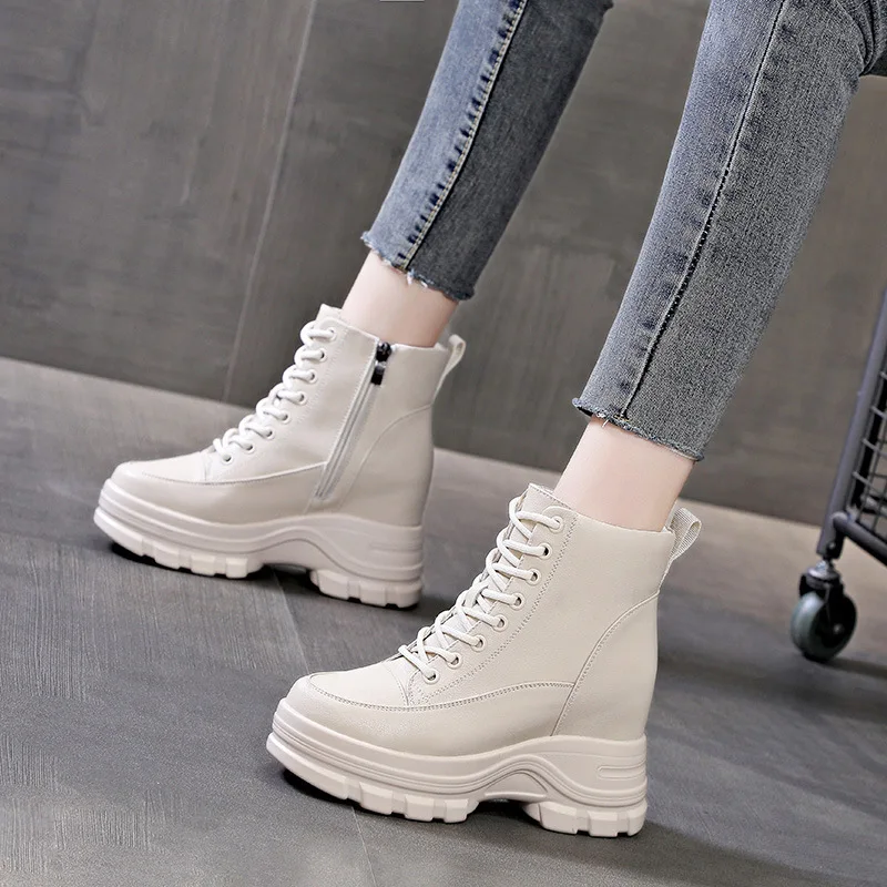 Fujin 9cm Genuine Leather Platform Wedge Mid Calf Ankle Motorcycle Booties Non Slip Hidden Heel Women Zipper Autumn Winter Shoes