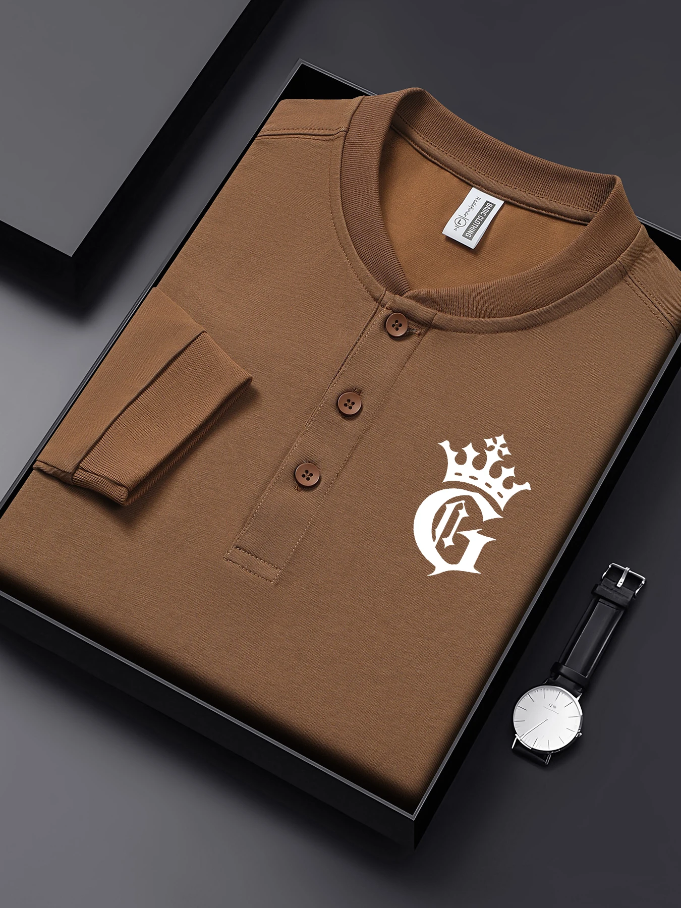 

Рубашка на пуговицах с простым принтом Crown Letter G, мужские хлопковые футболки в стиле хип-хоп, осенняя одежда с вырезом Генри, повседневная свободная одежда с длинными рукавами