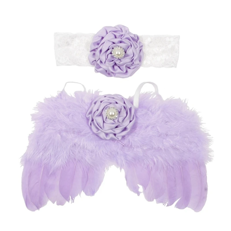 2Pcs Baby Photoshoots Angel Costume Wing Pearl Flower Headband Photo Posing Props Photography Suit Newborn Shower Gift