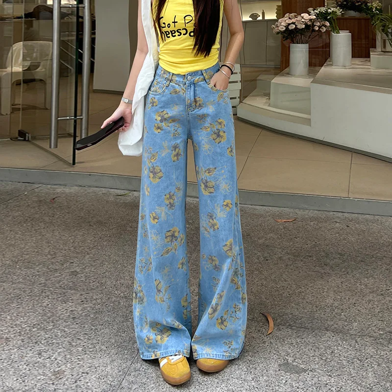 Retro Printed Jeans for Women Trendy High Waisted Loose Wide Leg Denim Pants Patchwork Straight Leg Floor Length Pants