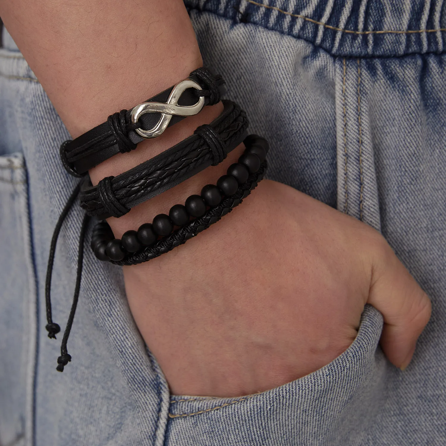 4Pcs/Set Braided Wrap Leather Bracelet for Men Women Vintage Yin Yang Infinity Wood Beads Charm Bracelets Male Wristband Jewelry
