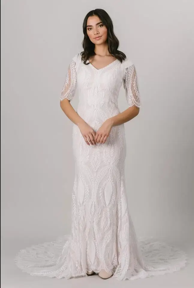 Vintage Boho häkeln Spitze Modest Hochzeit Kleider Mit Halb 1/2 Ärmeln V Neck Mermaid Fit Bohemian Brautkleid Ärmeln